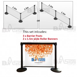 Advertising Barrier Set - 3 x Black Posts + 2 x 1.5m Roller Banners
